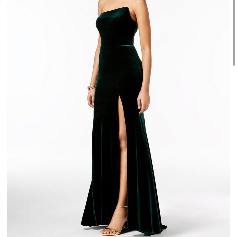 Strapless green velvet slit gown